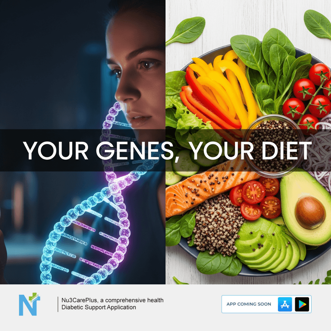 A split image showing a glowing DNA helix on the left and a person looking at it, and a colorful plate of healthy food (salmon, avocado, vegetables, quinoa) on a white wooden surface on the right. At the bottom, the Nu3CarePlus logo, app description, and 'APP COMING SOON' banner with app store icons are visible